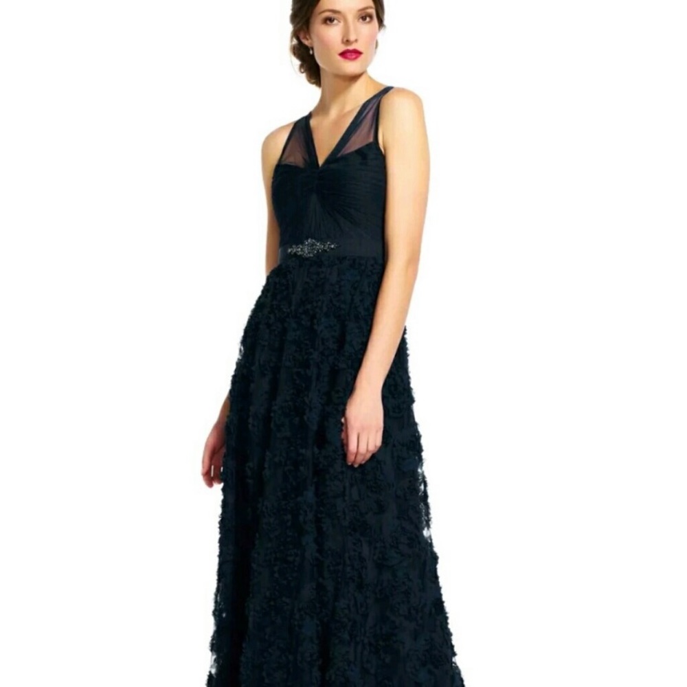 Adrianna-Papell rosette mesh Jewels illusion Neckline long gown